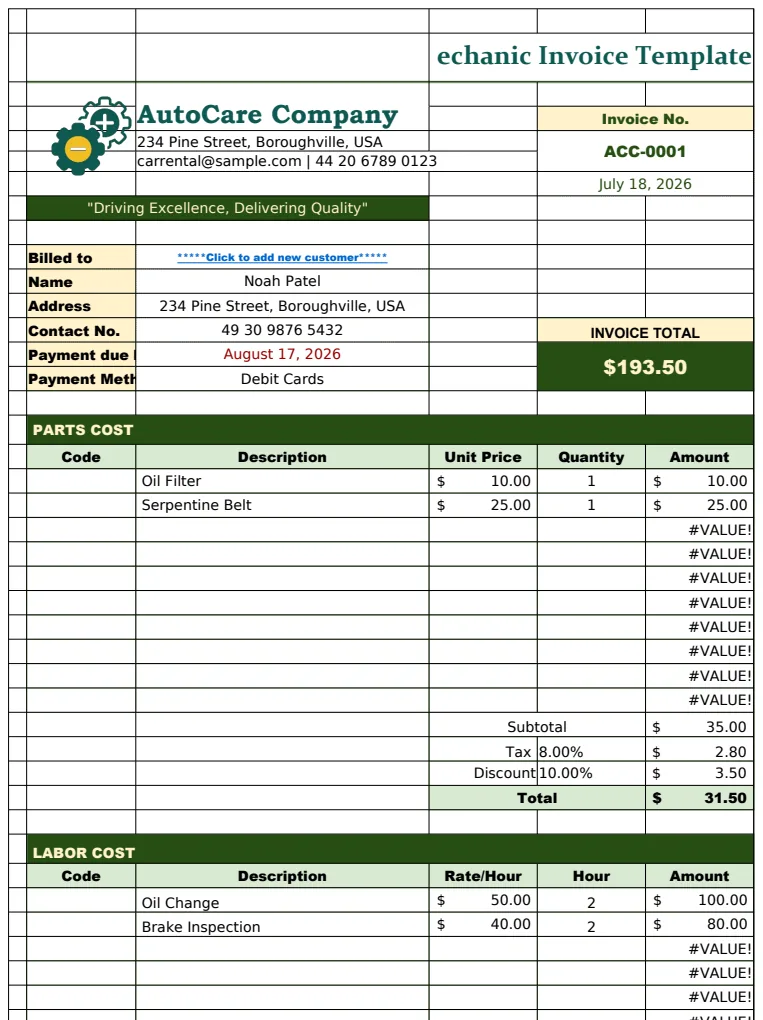 Mechanic Invoice Template preview