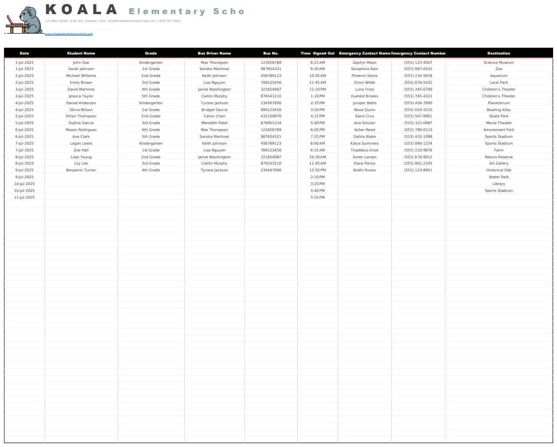 School Bus Student Sign Out Sheet Template preview