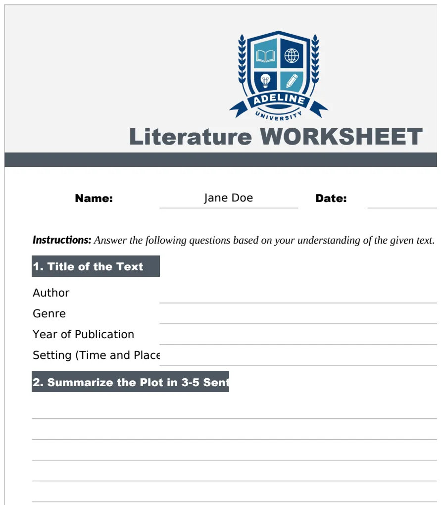 Printable Literature Worksheet Template preview