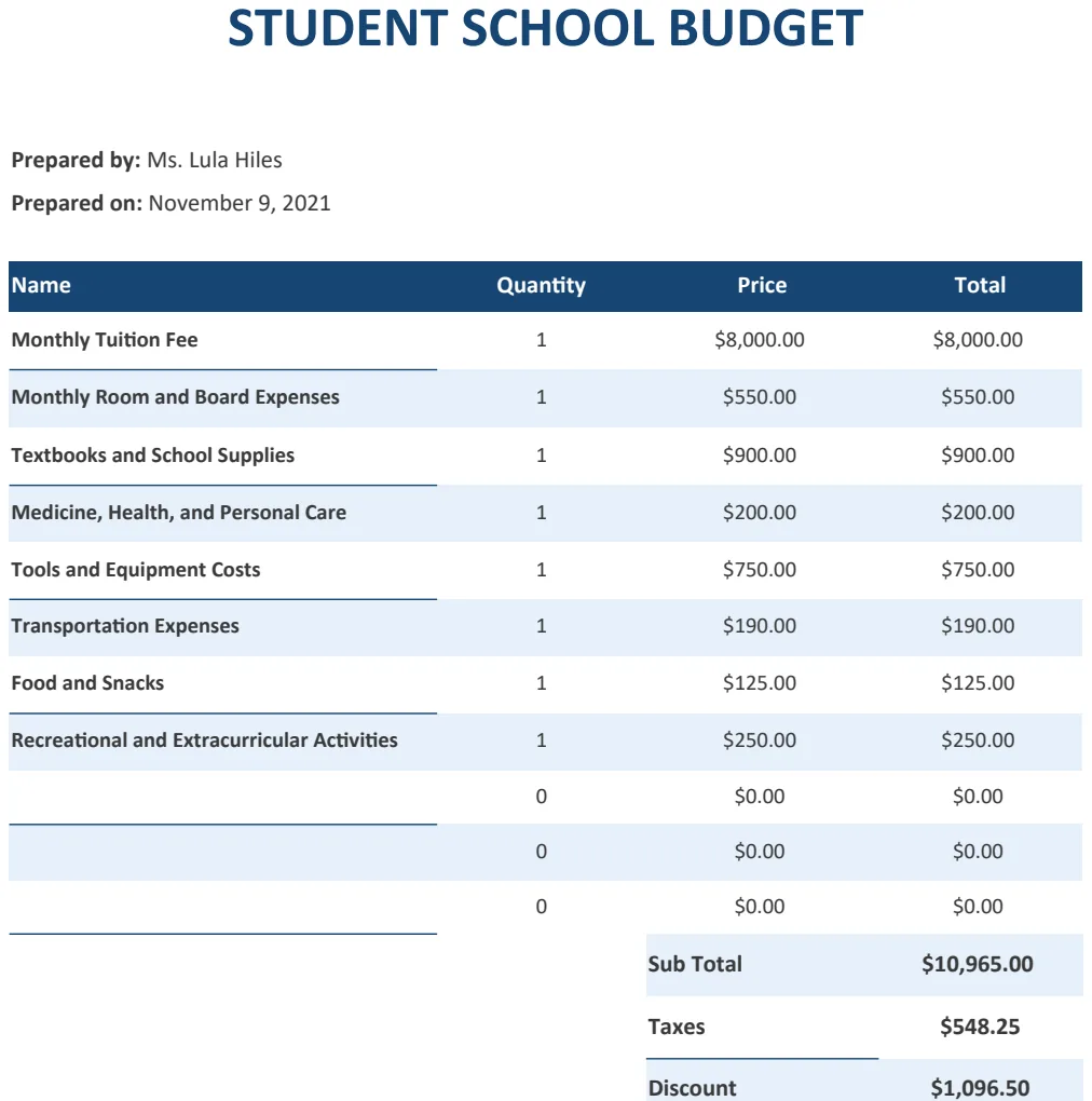 Student School Budget Template preview