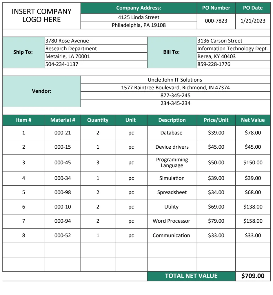 Software Purchase Order Form Template preview