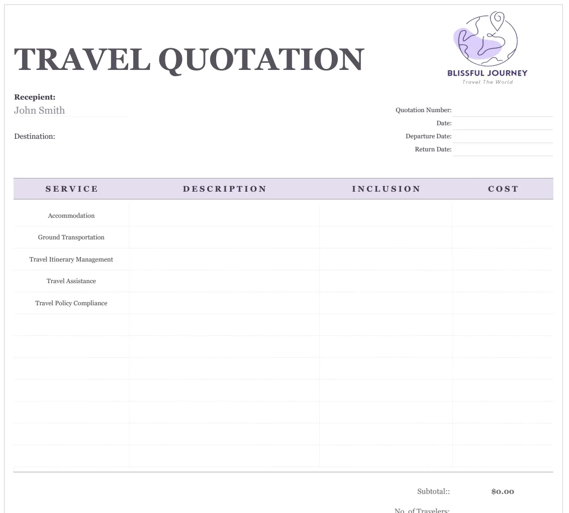 Business Travel Services Quotation Template preview