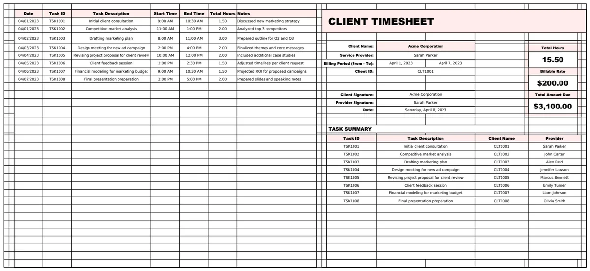 Client Timesheet Template preview