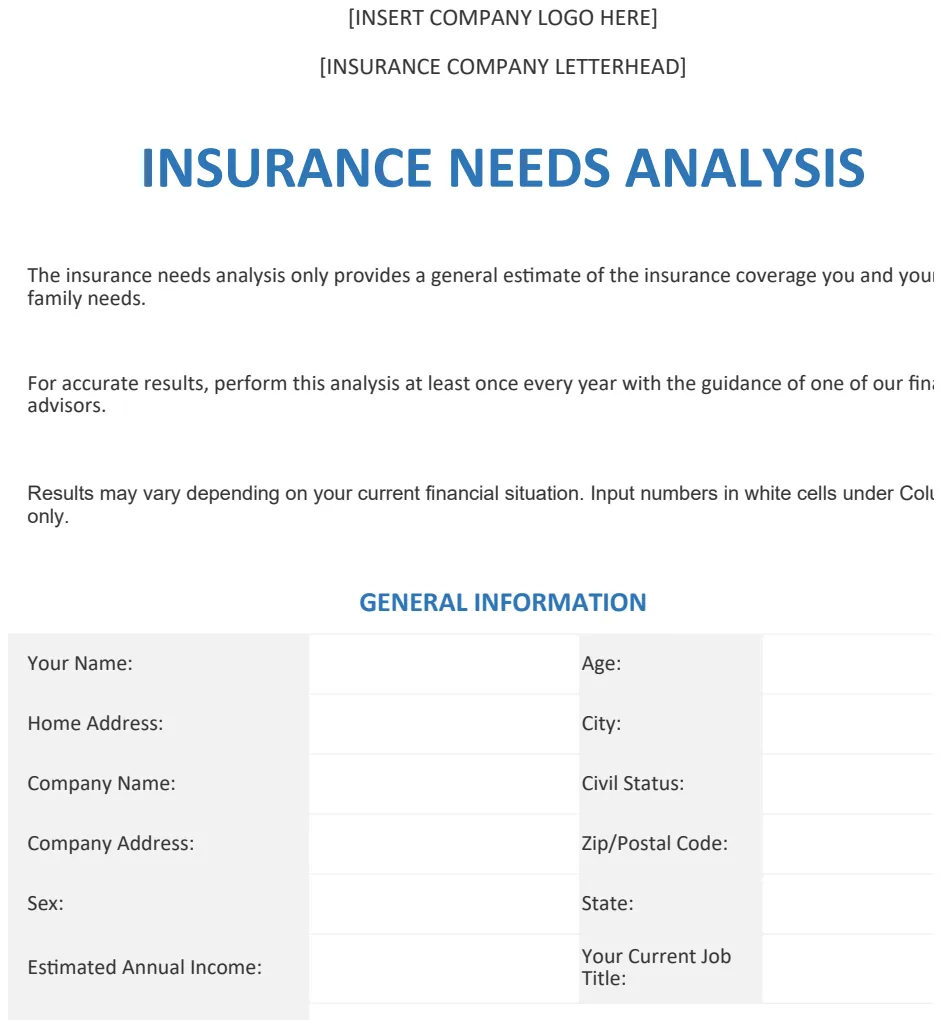 Insurance Needs Analysis Template preview