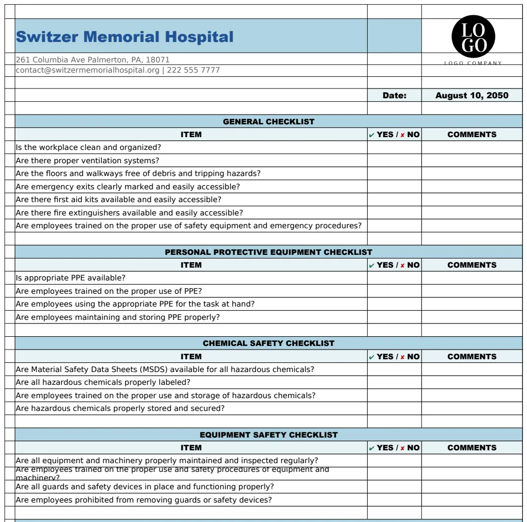 Health And Safety Checklist Template preview