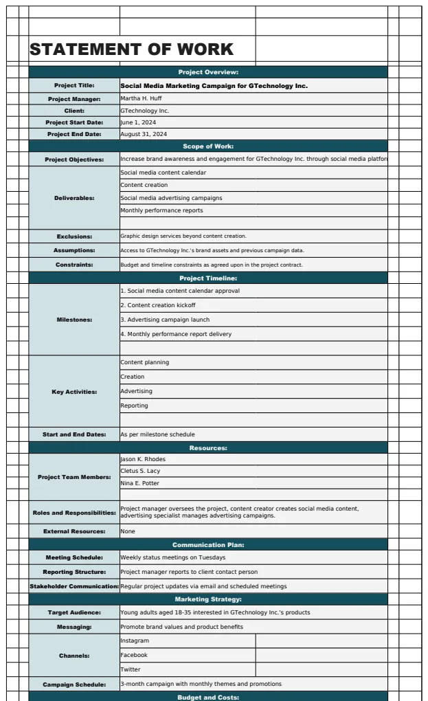 Marketing Statement of Work Template preview