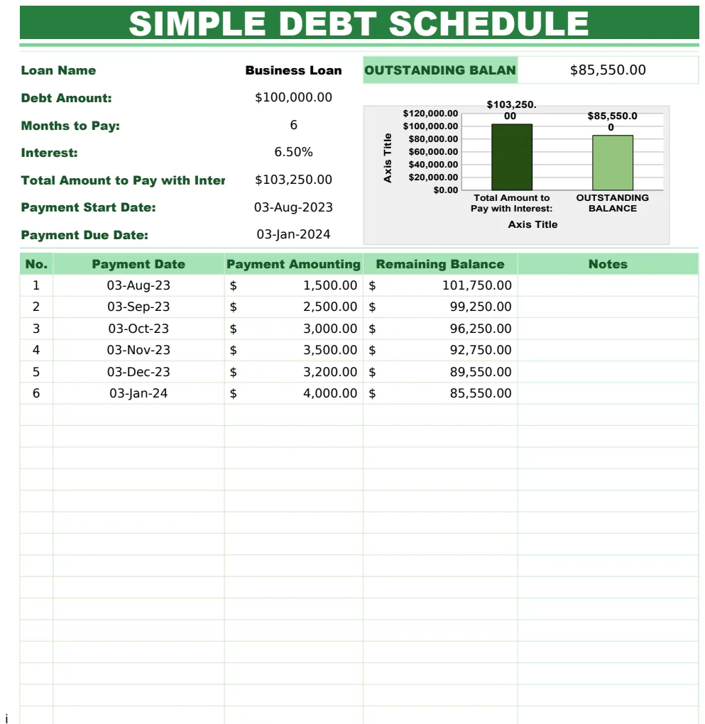 Simple Debt Schedule Template preview