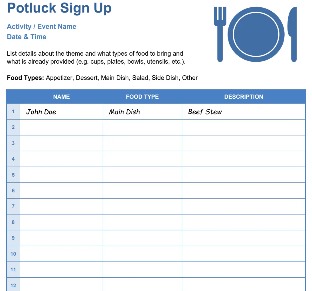 Potluck Sign Up Sheet preview