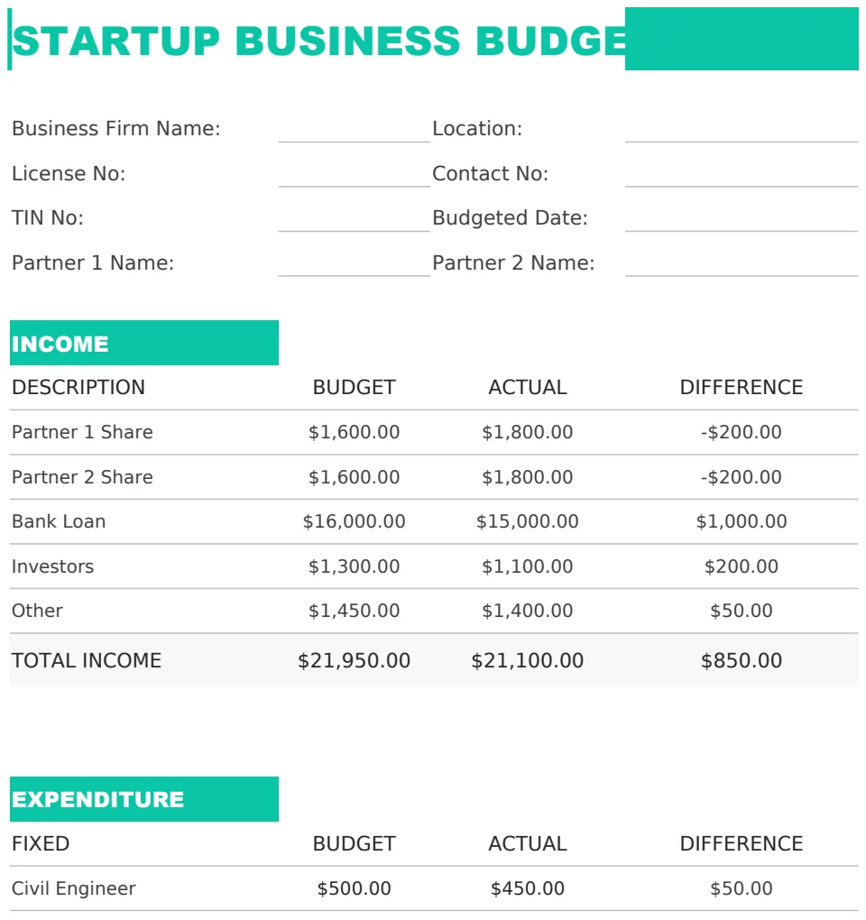 Startup Business Budget Template A4 preview