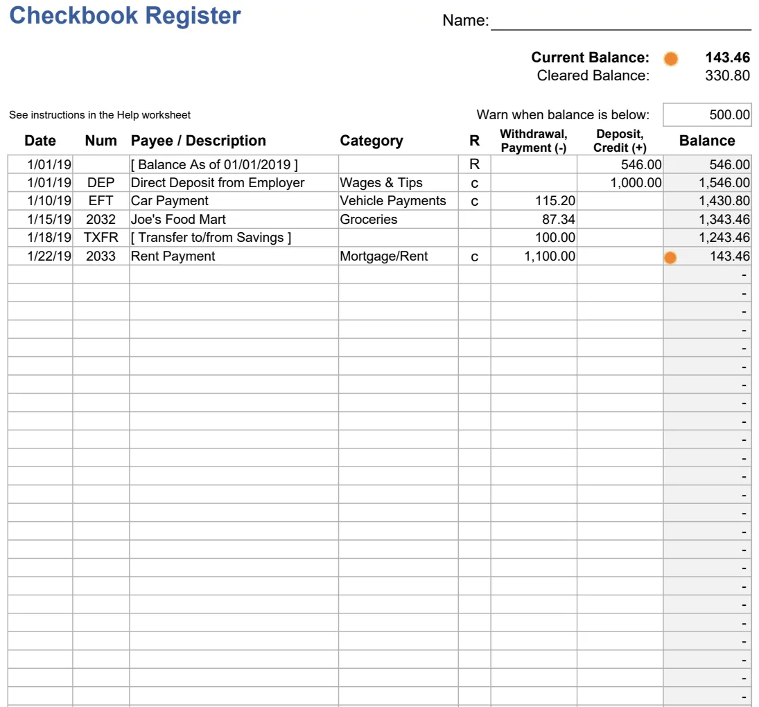 Checkbook Register preview