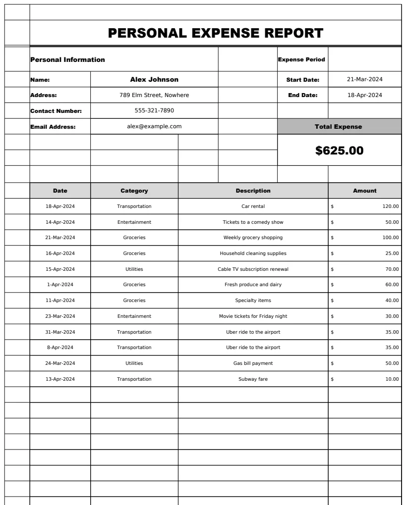 Personal Expense Report Template preview