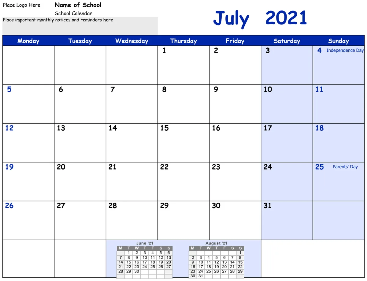 2021-2022 School Calendar (Monthly View) preview