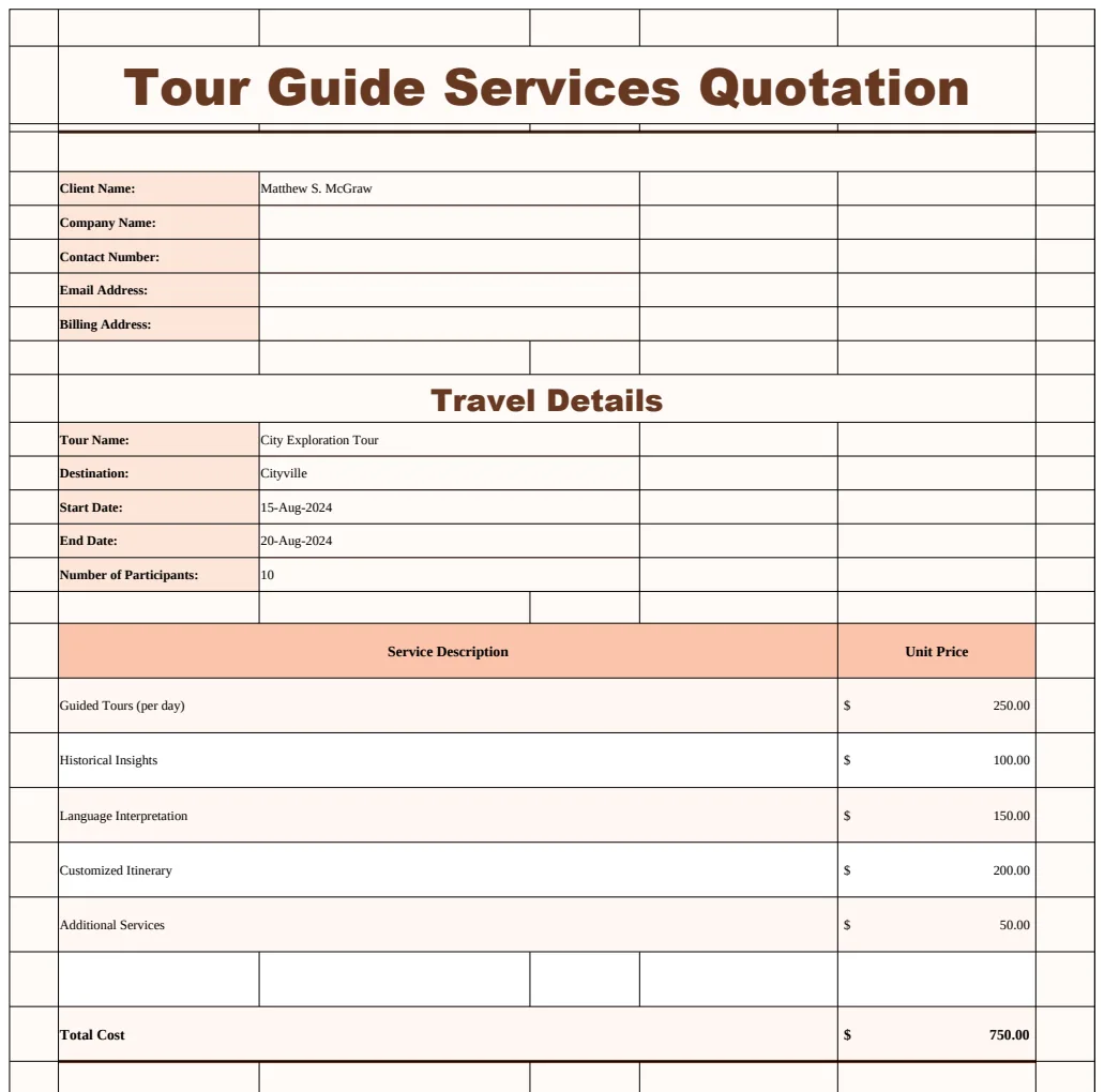 Tour Guide Services Quotation Template preview