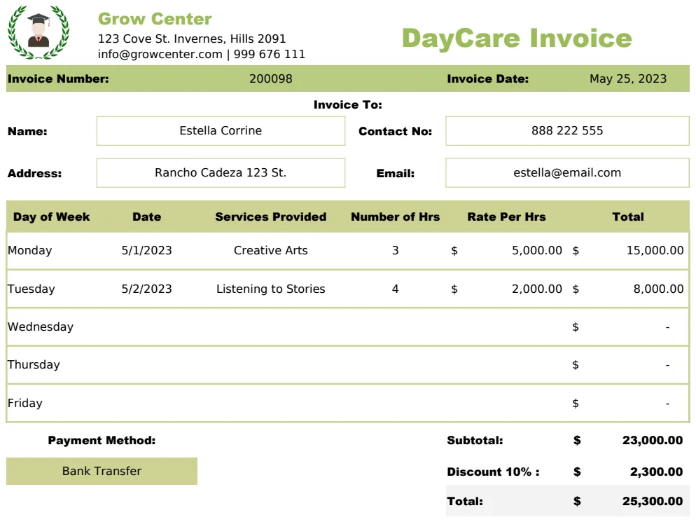 Daycare Invoice Template preview