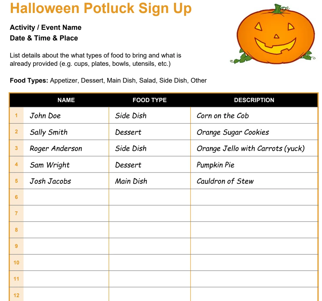 Halloween Potluck Sign Up Sheet preview