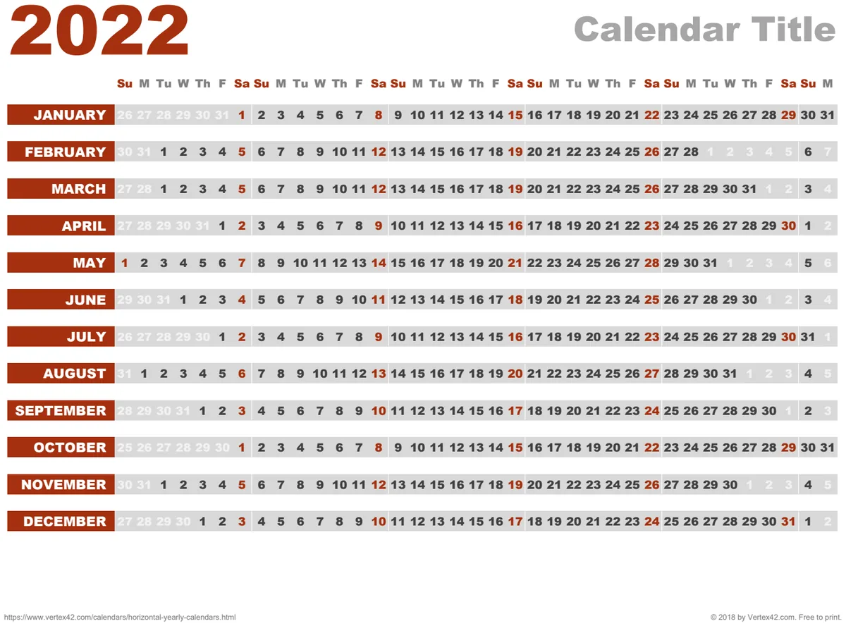 Horizontal Yearly Calendar preview