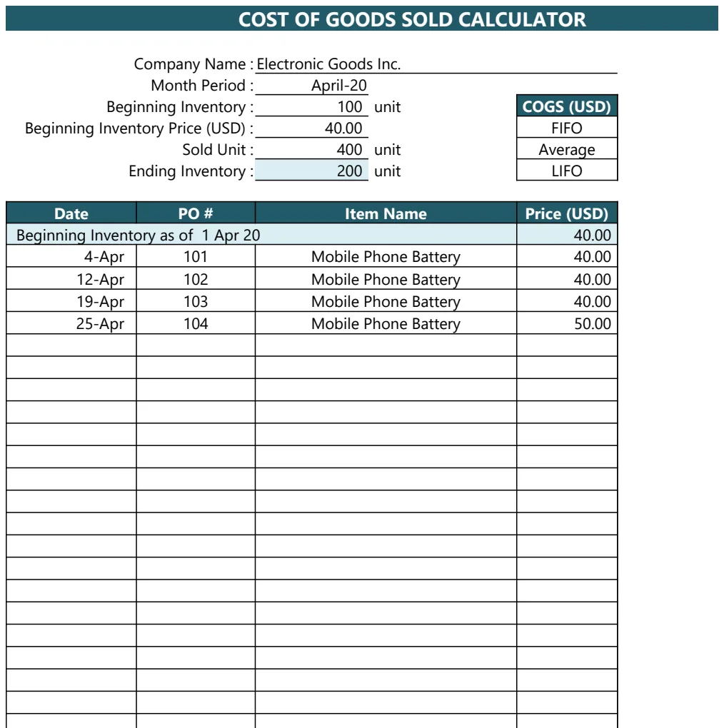 Cost of Goods Sold (COGS) Calculator Lite V13 preview