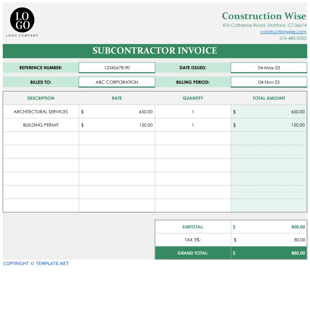 Subcontractor Invoice Template preview