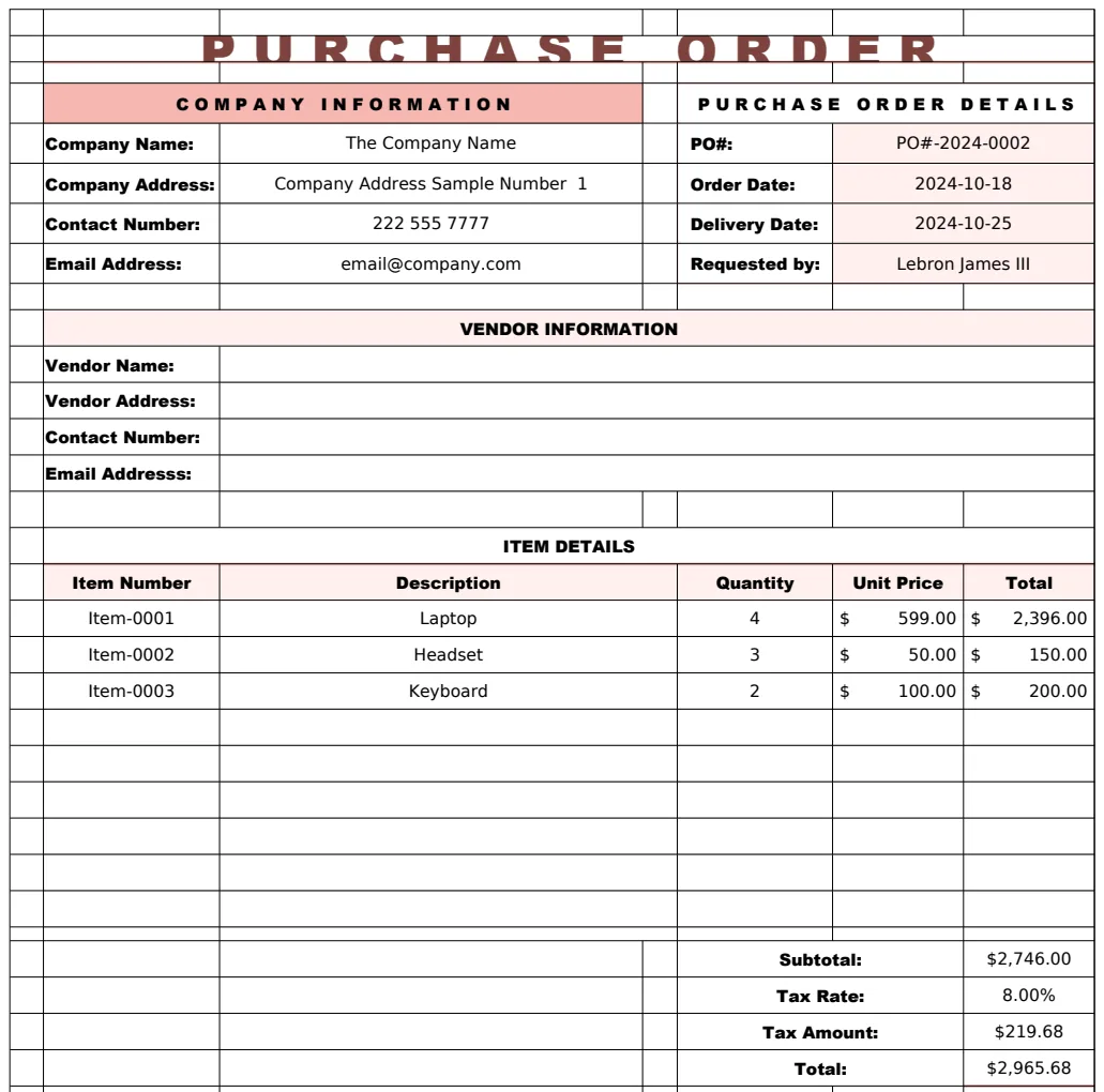 Purchase Order Template preview
