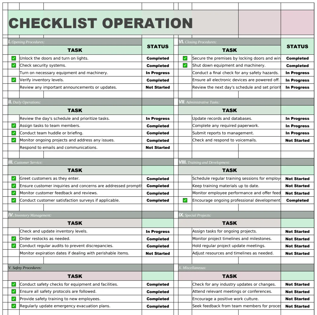 Checklist Operation Template preview