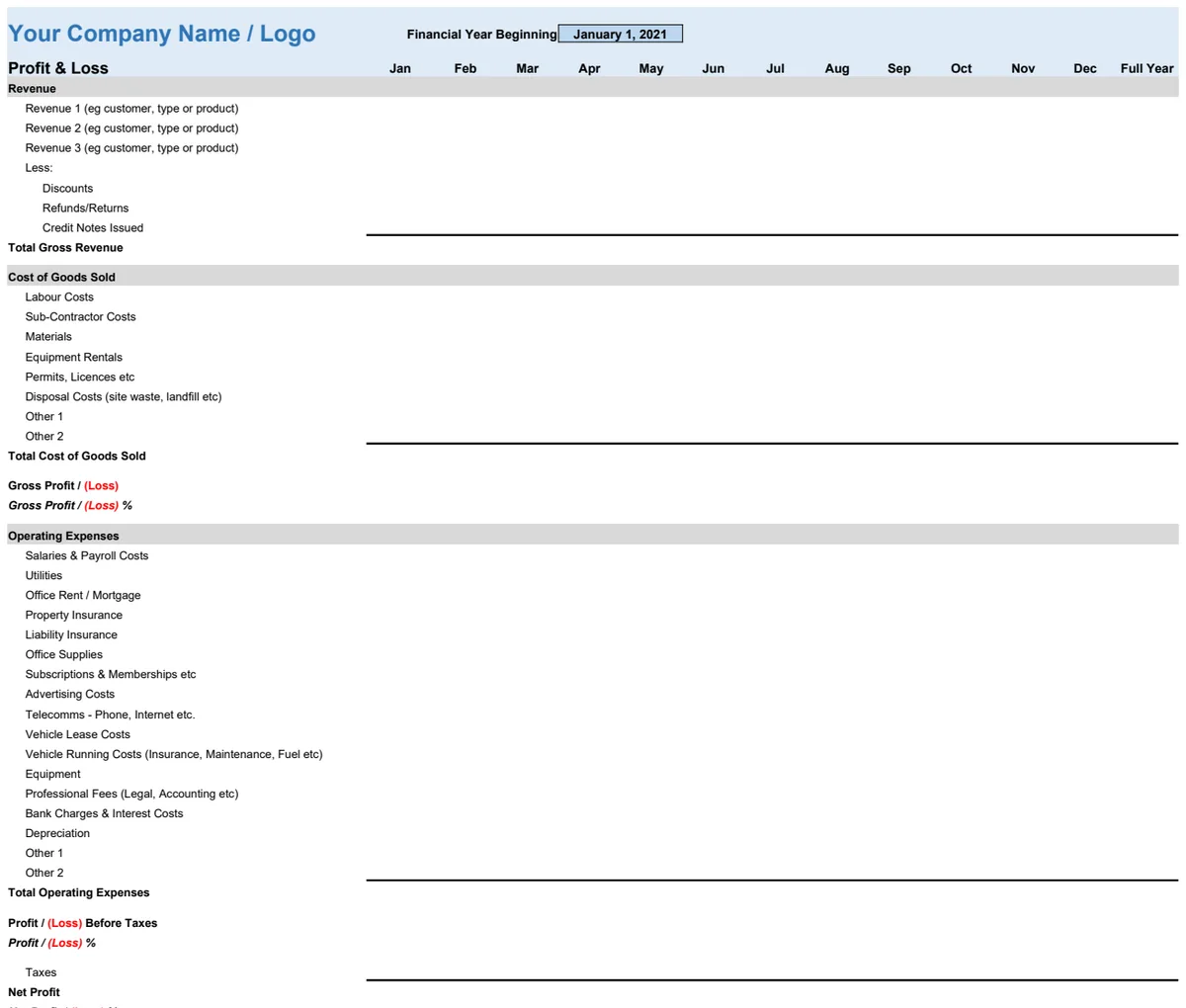 Independent Contractor Profit and Loss Template preview