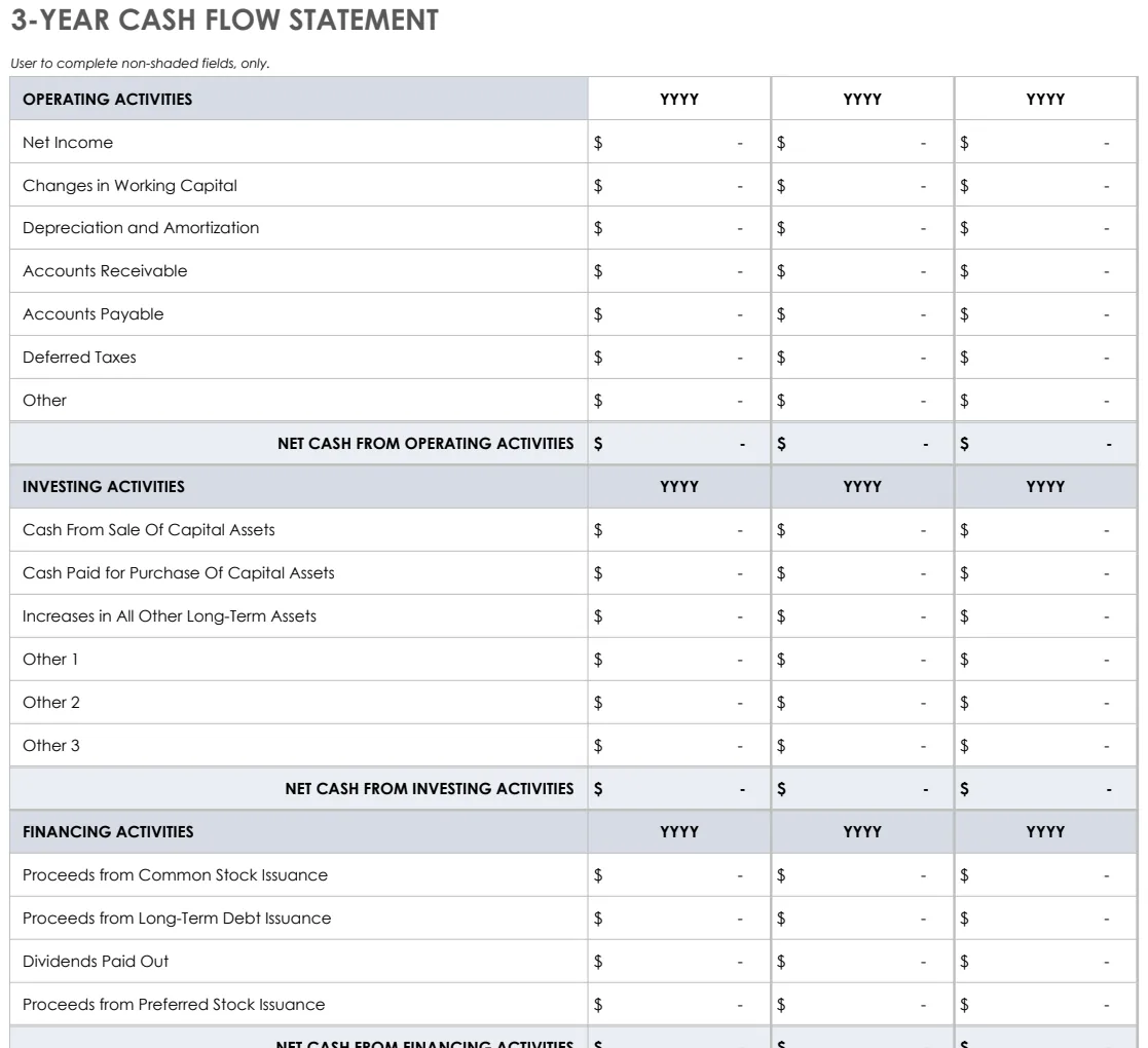 3 Year Cash Flow Statement preview