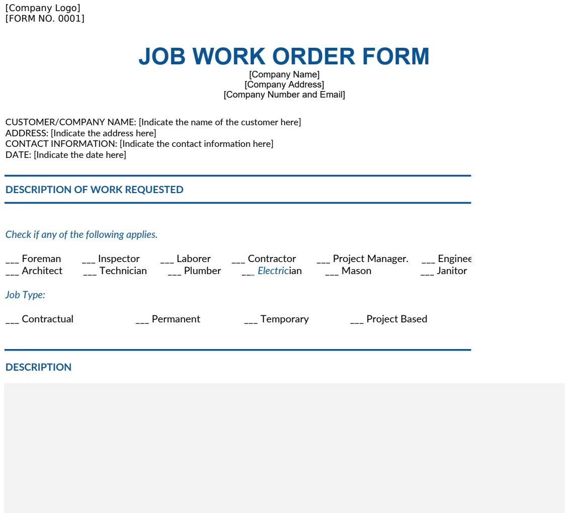 Job Work Order Form Template preview