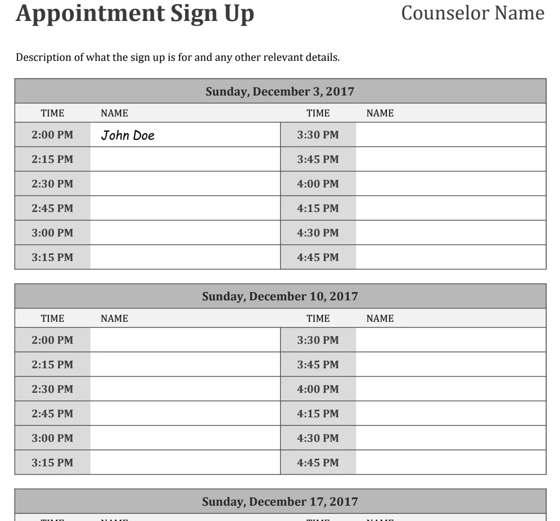 Appointment Sign Up Sheet preview