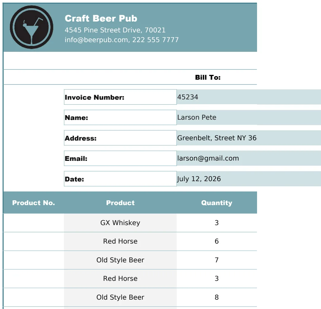Pub Invoice Template preview