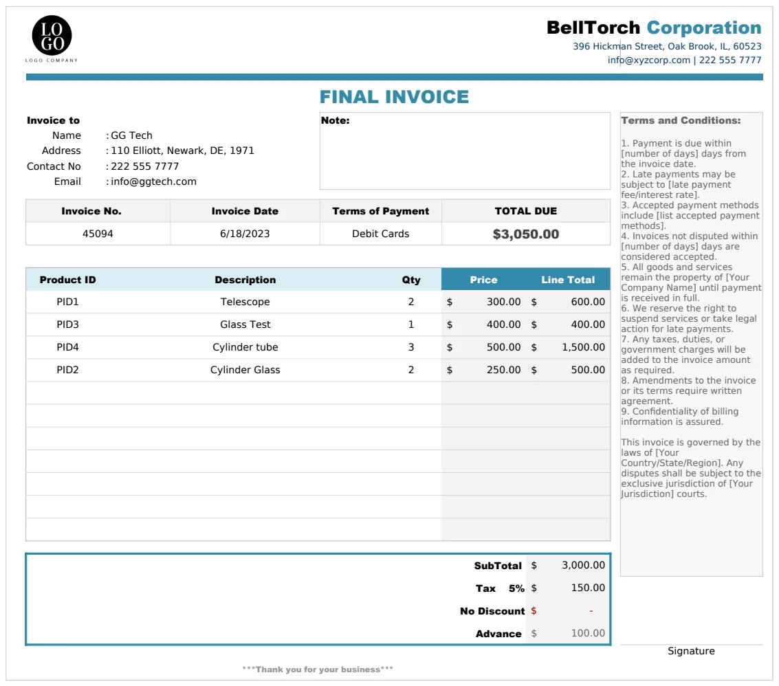 Final Invoice Template with Product List Management preview