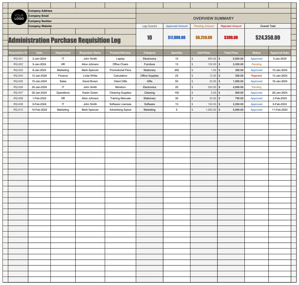 Administration Purchase Requisition Log Template preview