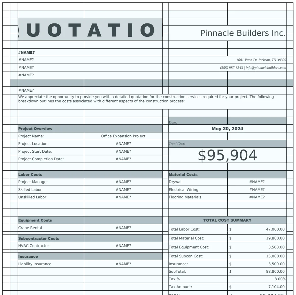 Detailed Construction Quotation Template preview