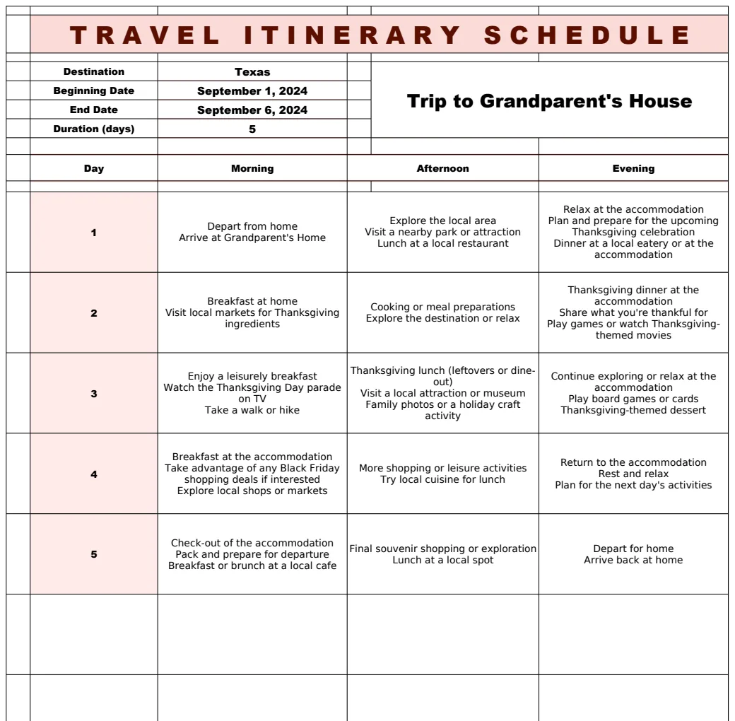 Travel Itinerary Schedule Template preview