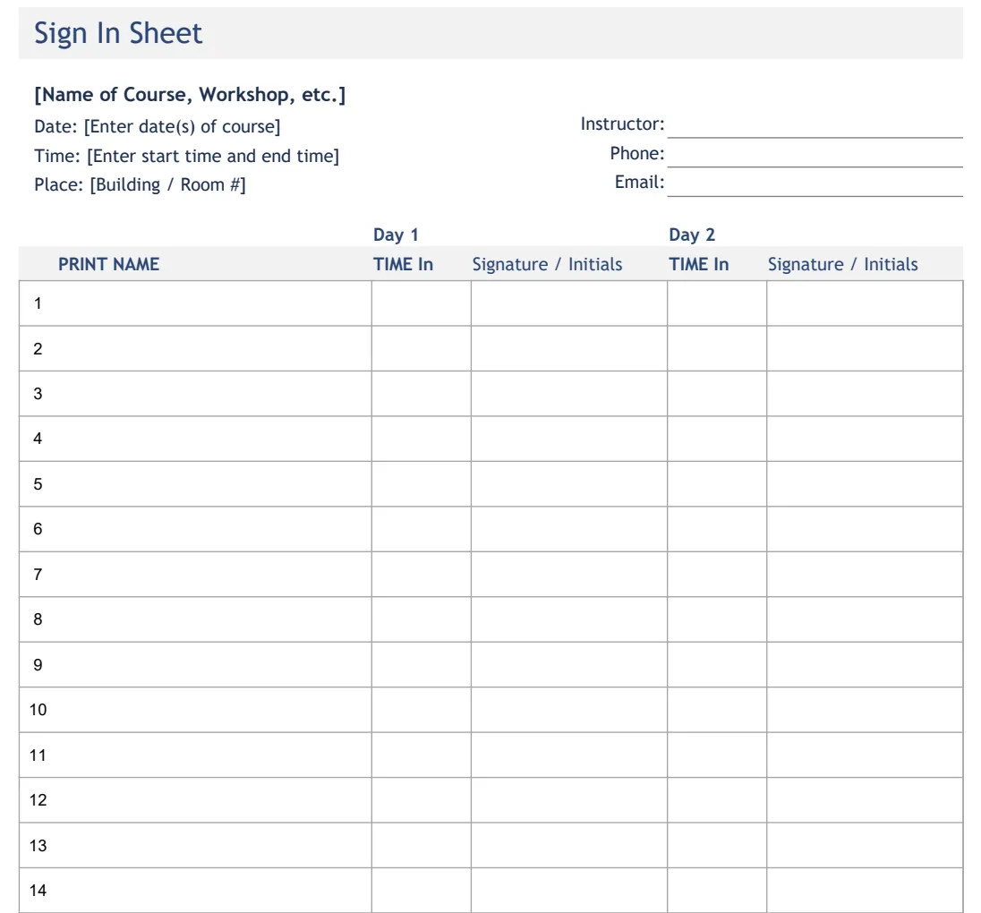 Course Sign In Sheet preview
