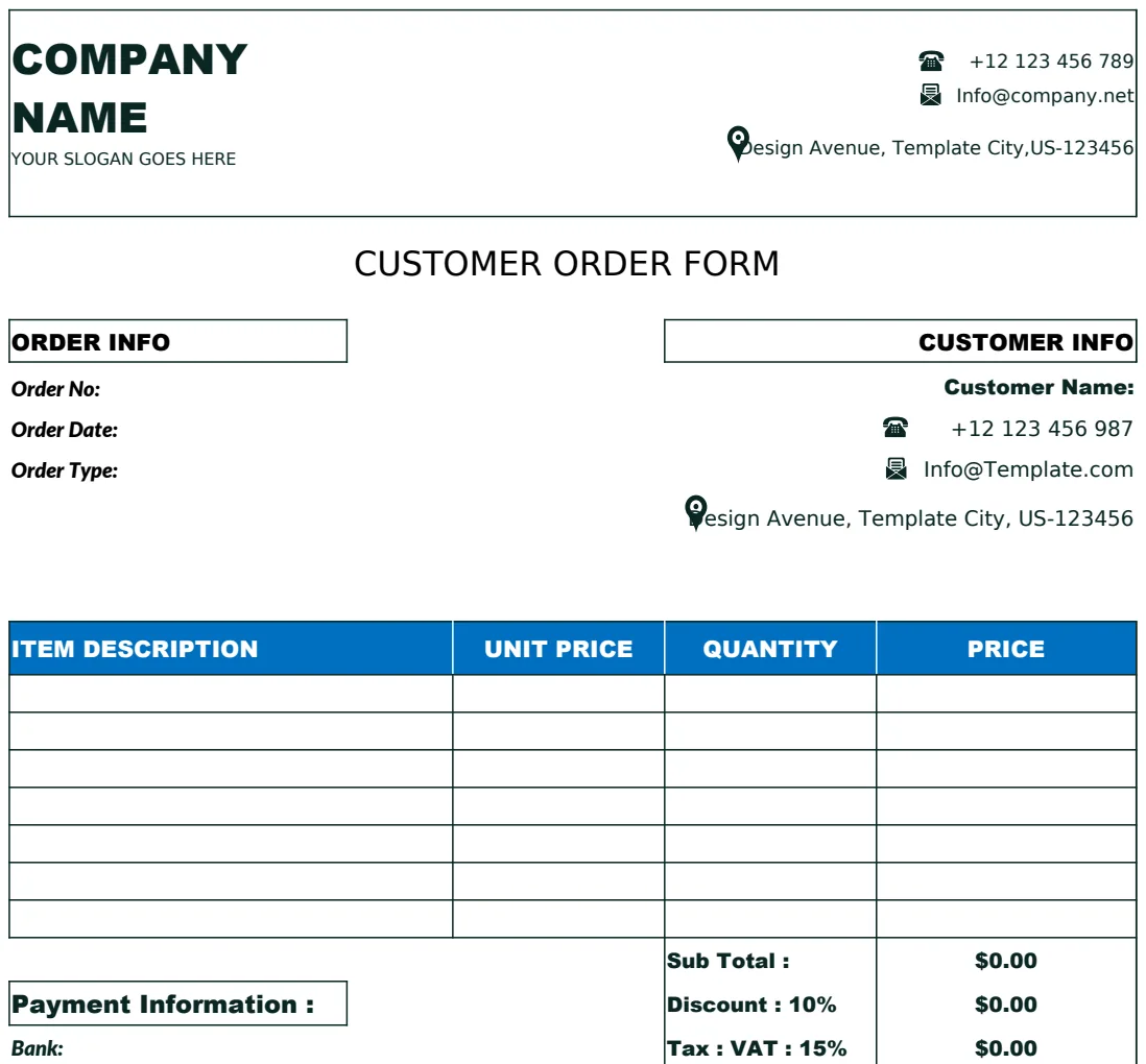 Customer Order Form Template preview