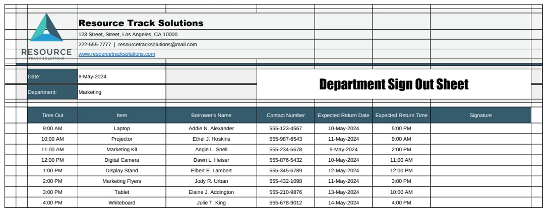 Department Sign Out Sheet Template preview