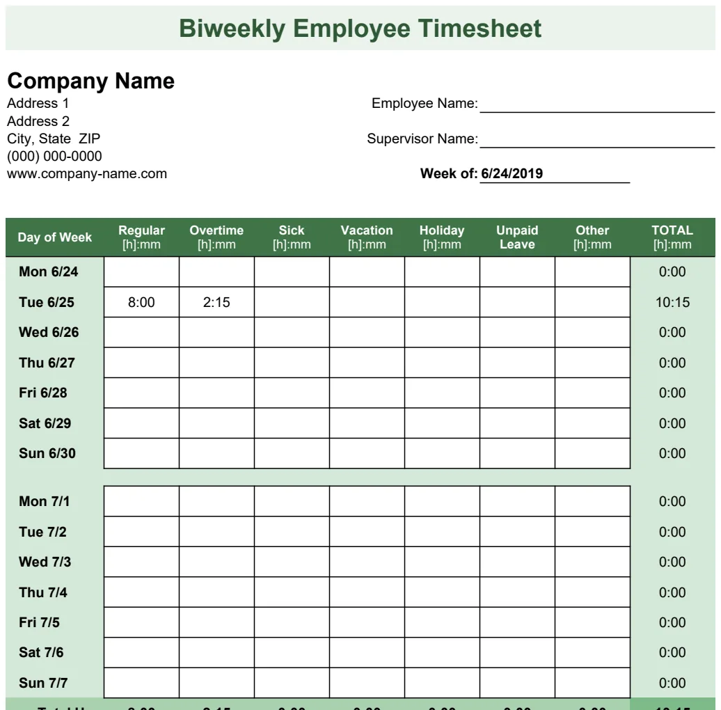 Biweekly Employee Timesheet preview