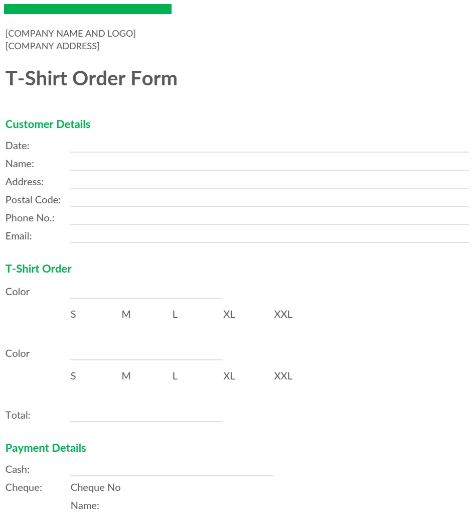T-Shirt Order Form preview