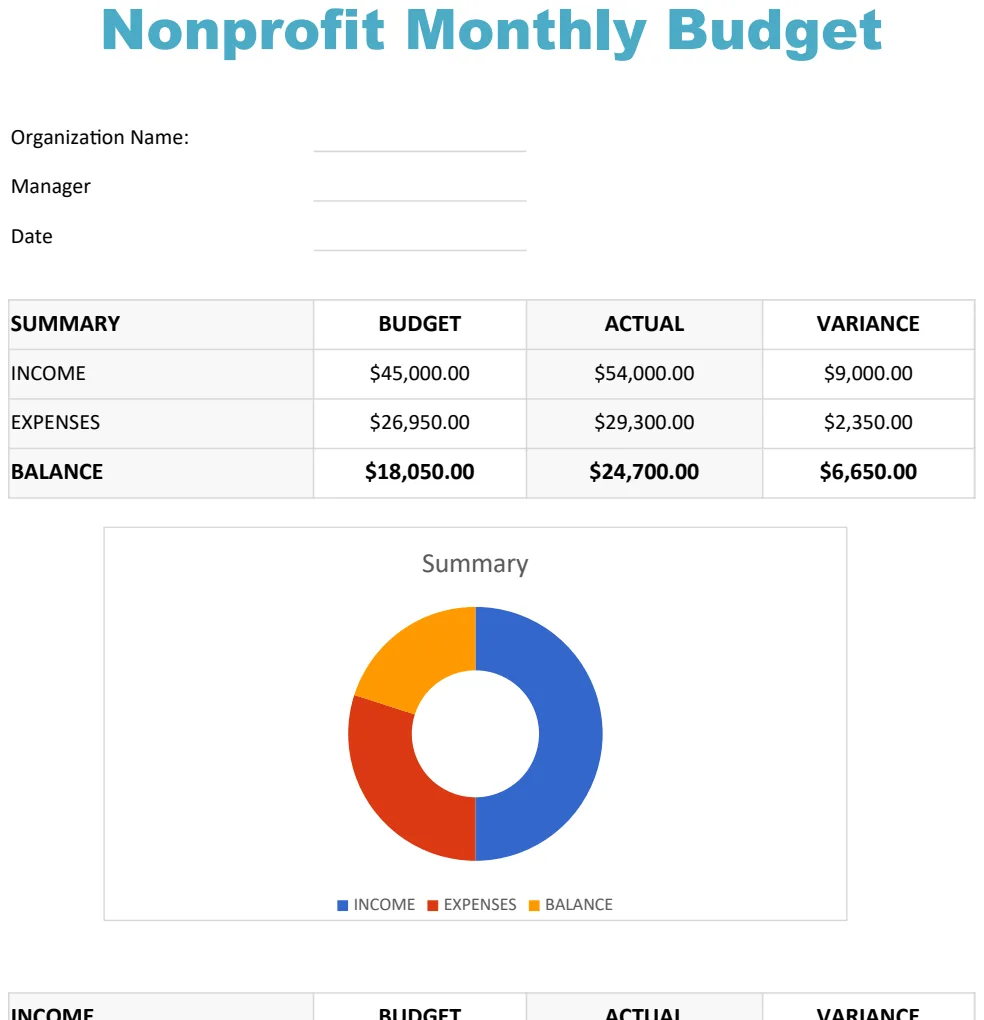 Nonprofit Monthly Budget Template A4 preview