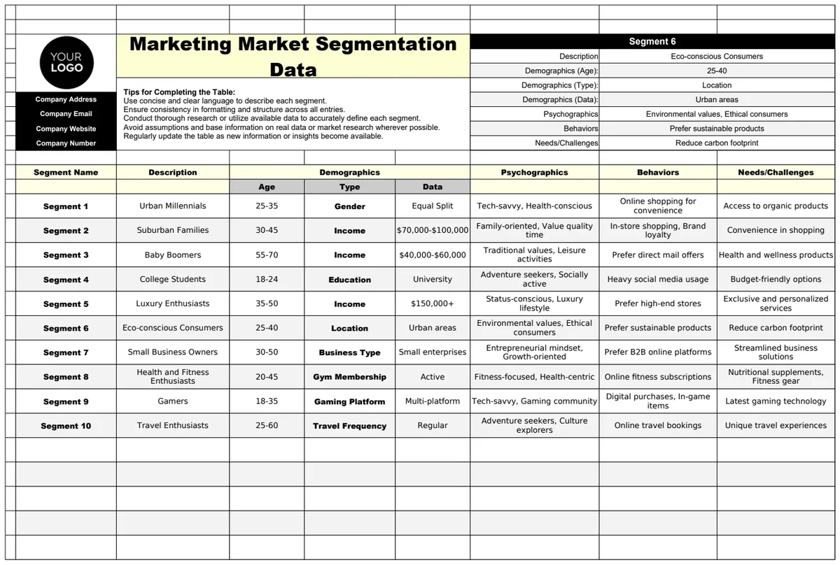 Marketing Market Segmentation Data Template preview
