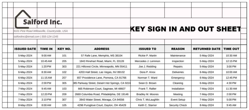 Key Sign In and Out Sheet Template preview
