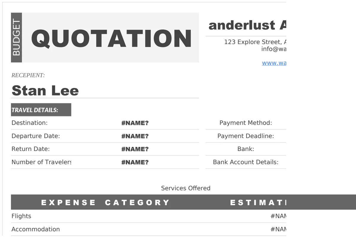 Travel Budget Quotation Template preview
