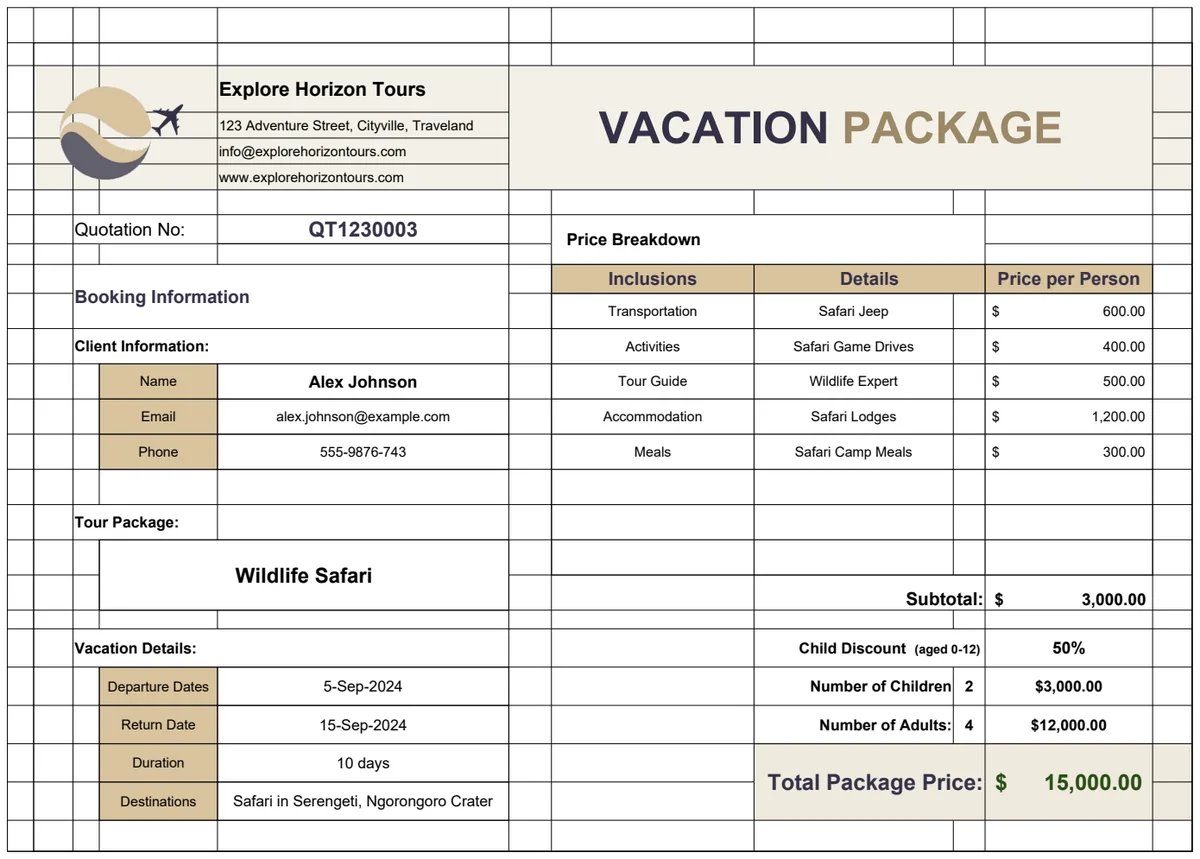 Family Vacation Package Quotation Template preview