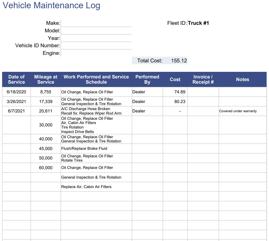 Vehicle Maintenance Log preview