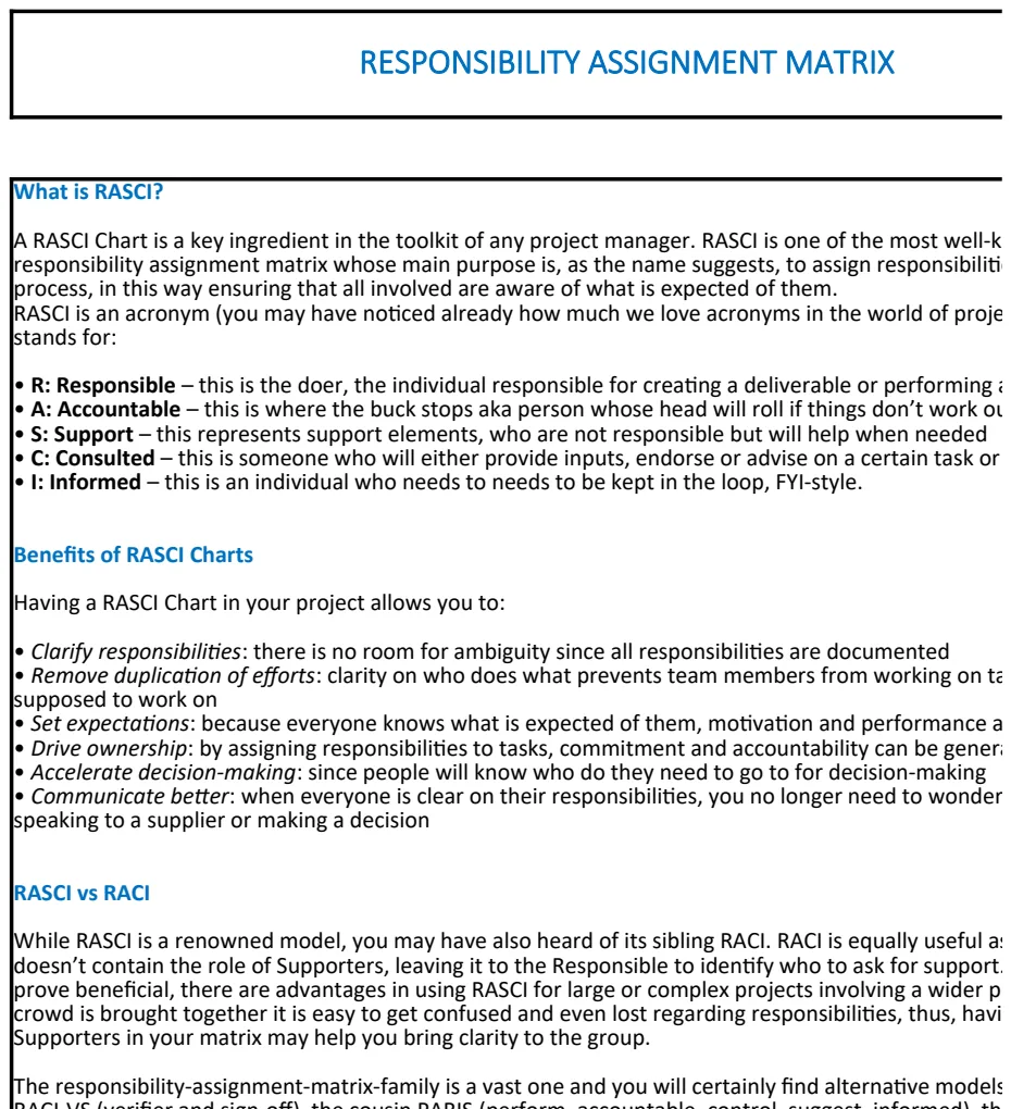 RASCI Responsibility Assignment Matrix Template preview