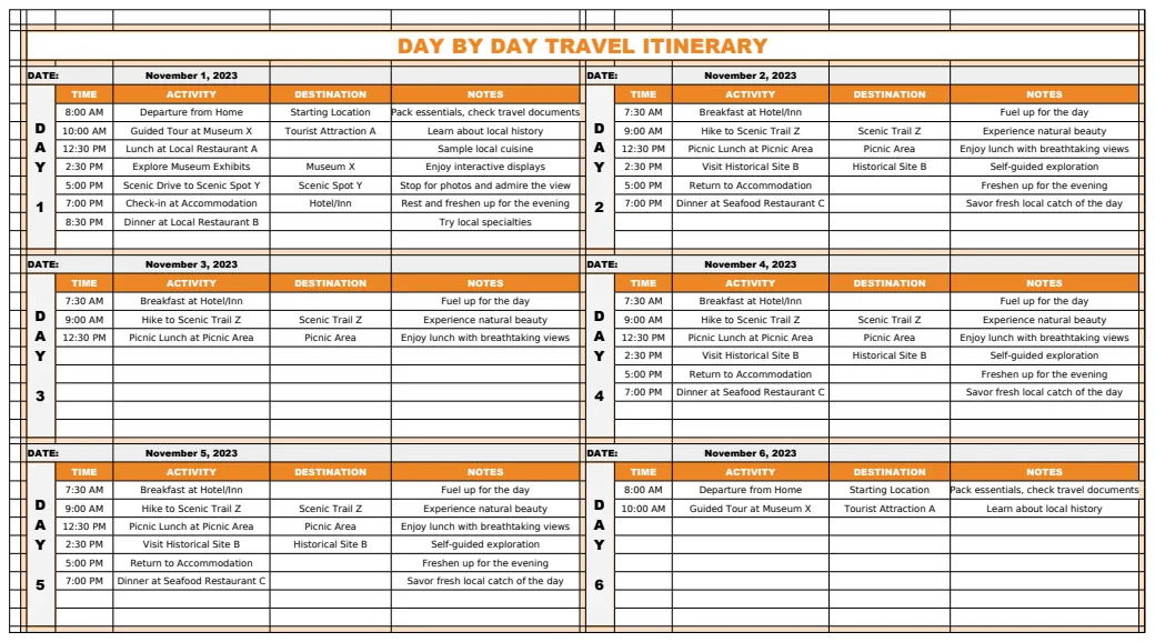 Day by Day Travel Itinerary Template preview