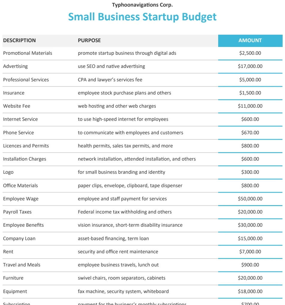 Small Business Startup Budget preview