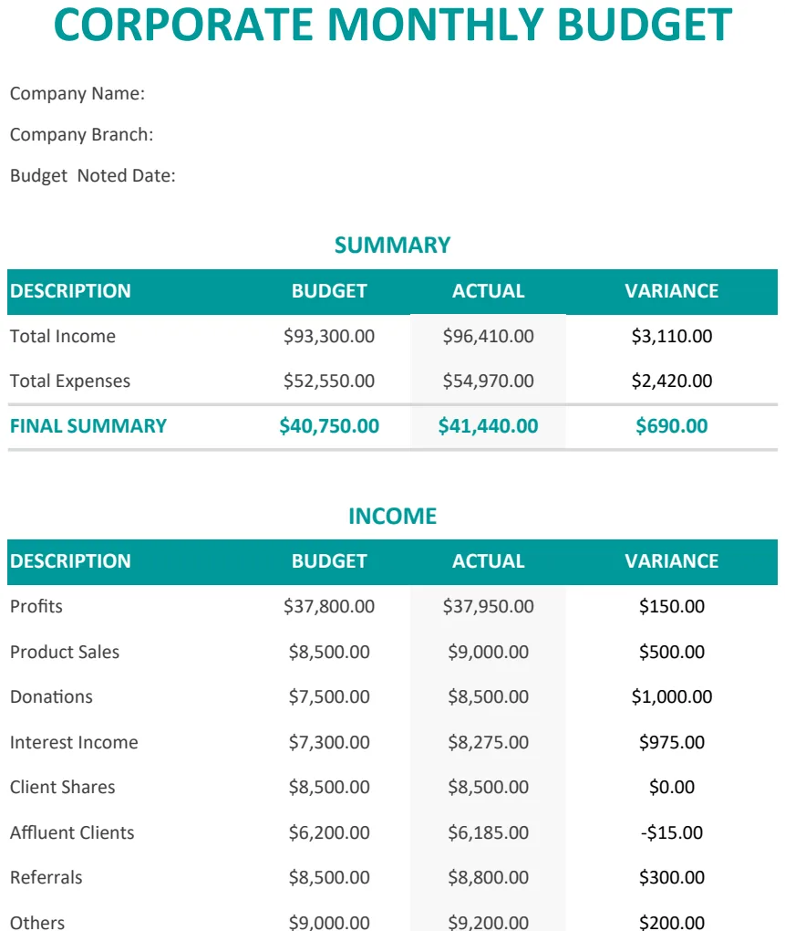 Corporate Monthly Budget Template US preview