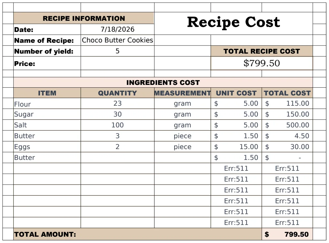 Recipe Cost Template preview
