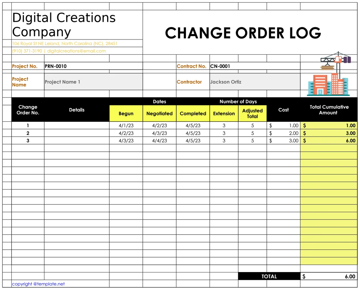 Change Order Log Template preview